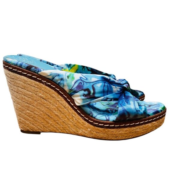 BCBG Size 8.5 Floral Satin Wedge Espadrille Sandal Jute Peep Toe Brunch Coastal - Picture 6 of 8